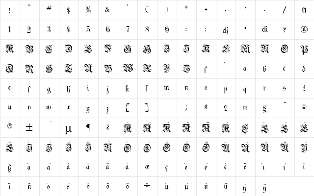 Uechi Gotisch Regular  glyph index