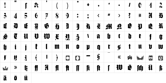 Schmale Gotisch MK Regular  glyph index