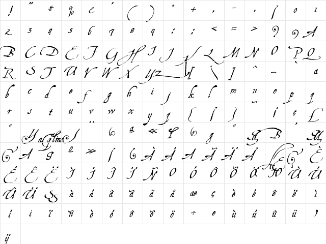 AquilineTwo Regular  glyph index