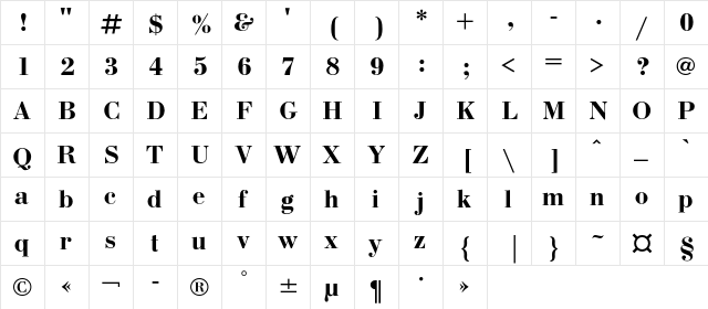 BodoniC Bold  glyph index