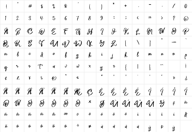 The Englands Regular  glyph index