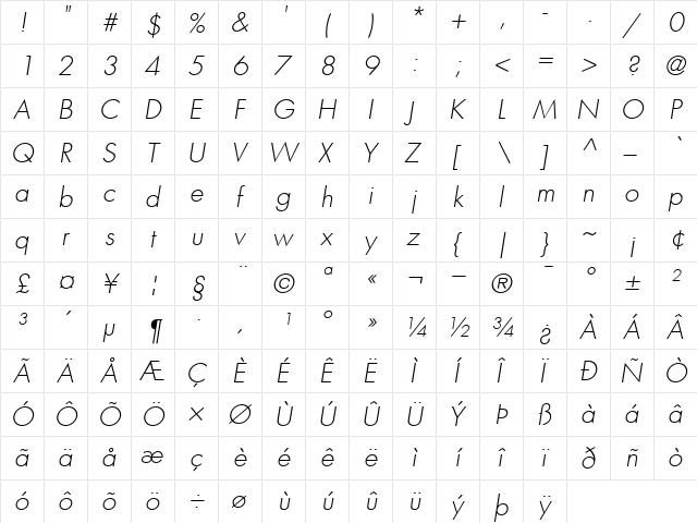 Futura-Light LightItalic  glyph index