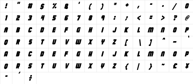Calamitech Italic  glyph index