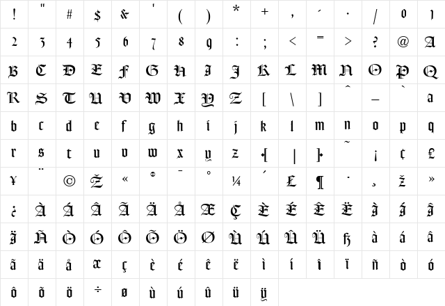 FrederickText Regular  glyph index