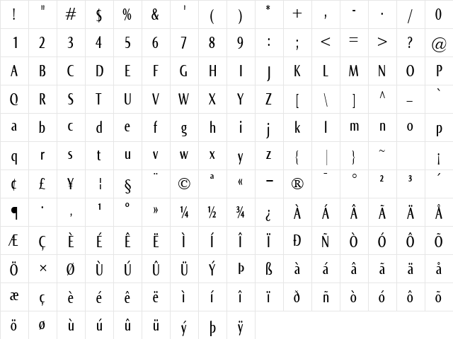 Norma Compr Regular  glyph index