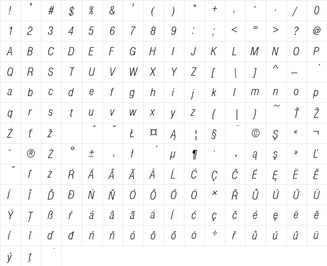 NimbusSanPEELigCon Italic  glyph index
