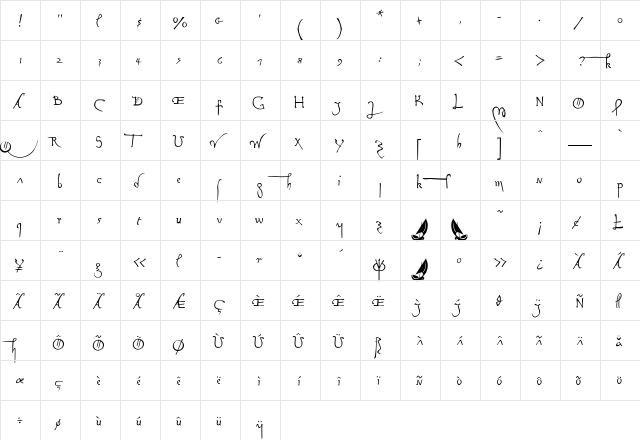 LeonardoHand Regular  glyph index