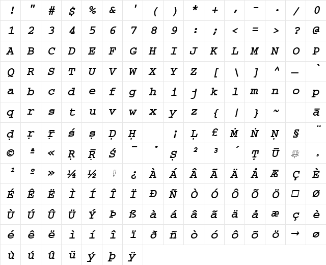 Sanskrit-Courier Bold Oblique  glyph index