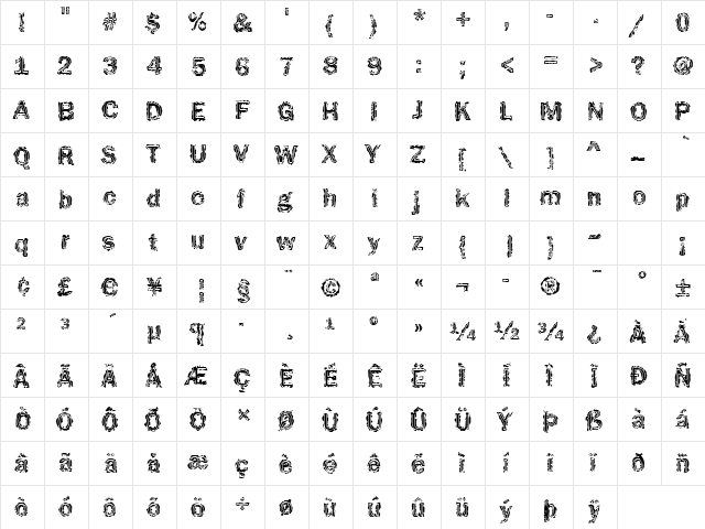 Funky32 Bold  glyph index