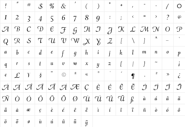 Calliope Regular  glyph index