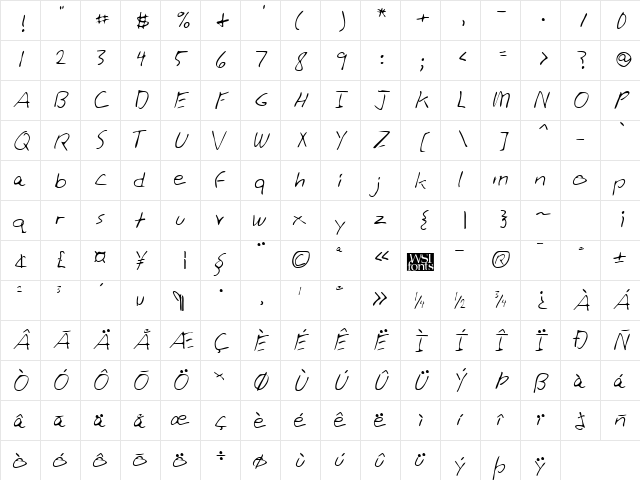 AlisonsHand Regular  glyph index
