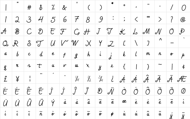 bradlay Regular  glyph index