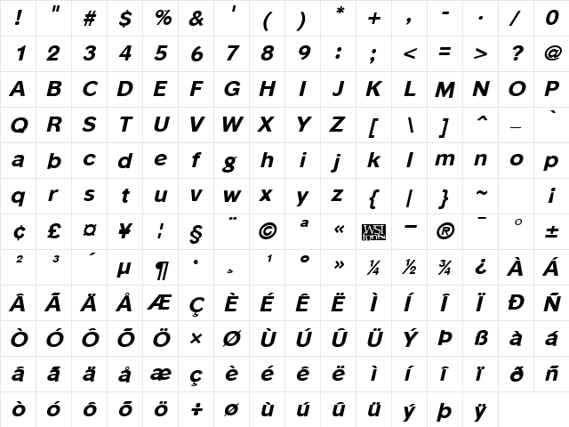 PhinsterExtrabold Italic  glyph index