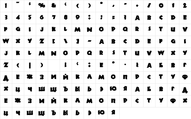 DS Zombie Cyr Bold  glyph index