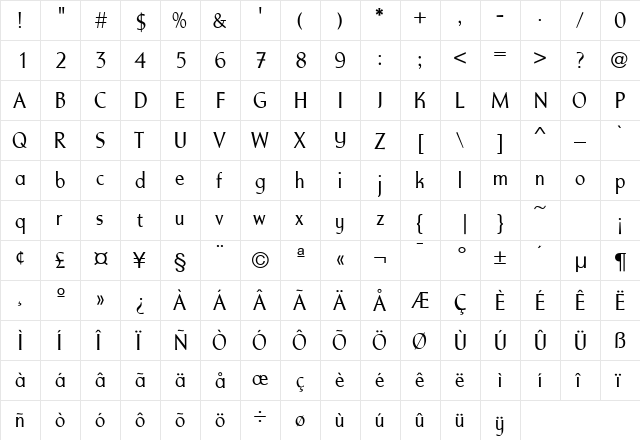 European Regular  glyph index
