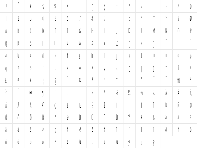 Agenda ThinUltraCondensed  glyph index