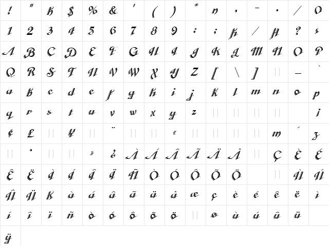 Cabarga Cursiva LET Plain  glyph index