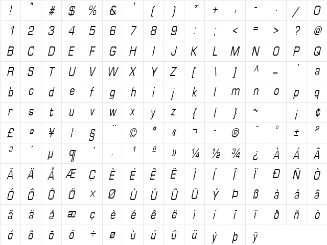 Eurasia-Condensed Italic  glyph index