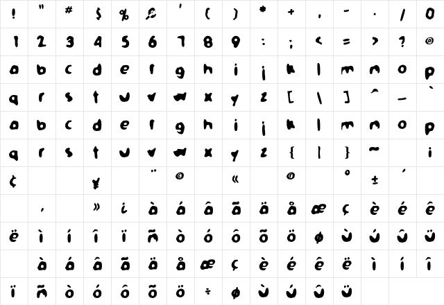 Blue Pugg Regular  glyph index