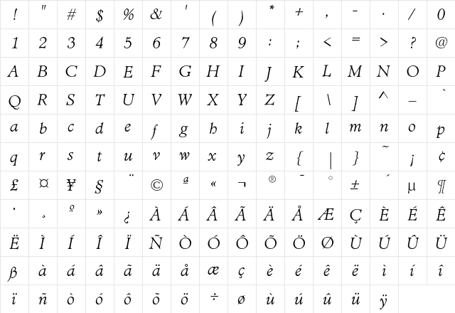 MinisterEF LightItalic  glyph index