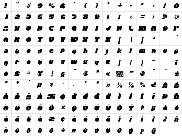 Discotheque Italic  glyph index