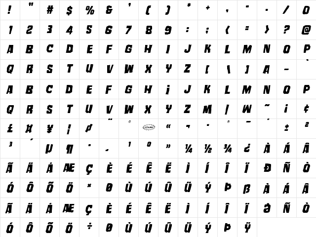 Mister Twisted Staggered Italic Italic  glyph index