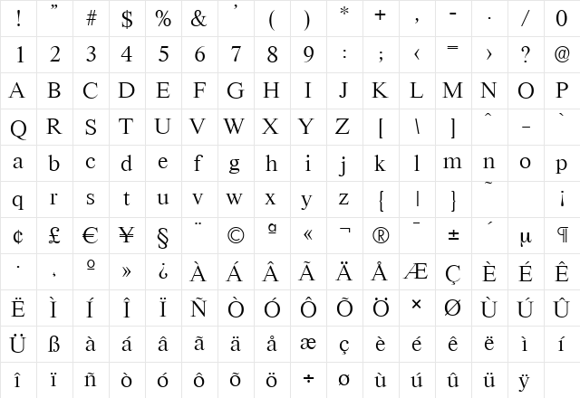 RiccioneSerial-Light Regular  glyph index