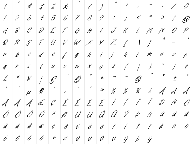 Handwritten Italic Regular  glyph index