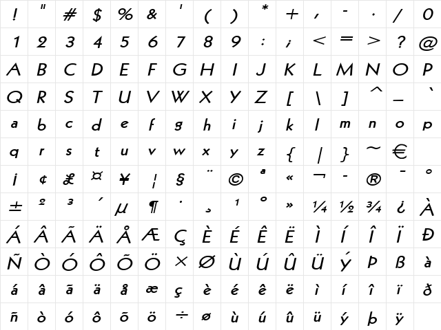 Geo112Wide BoldItalic  glyph index