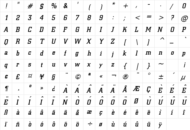 Geo 957 Italic  glyph index