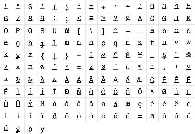 UnderlineMonospace Regular  glyph index