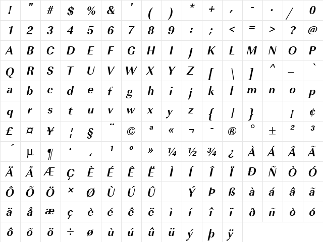 URWImperialTNar Bold Oblique  glyph index