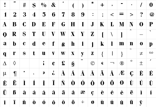 Fervent Bold  glyph index