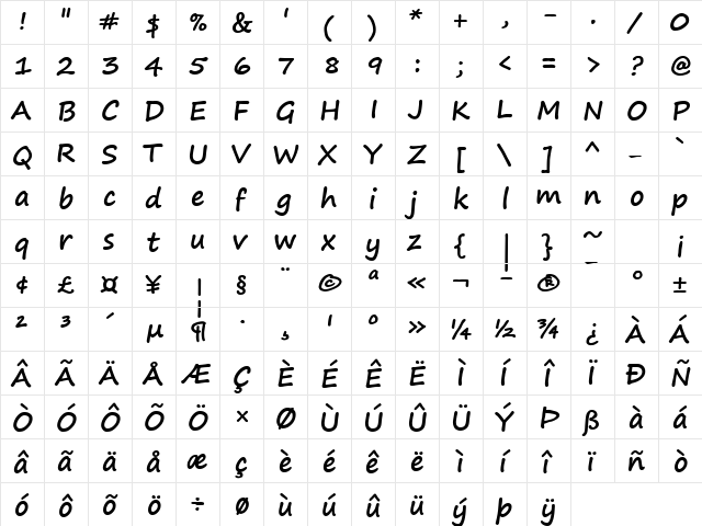 Segoe Print Bold  glyph index