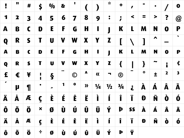 Dax-ExtraBoldCaps Regular  glyph index