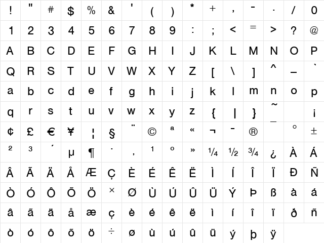 Sans Regular  glyph index