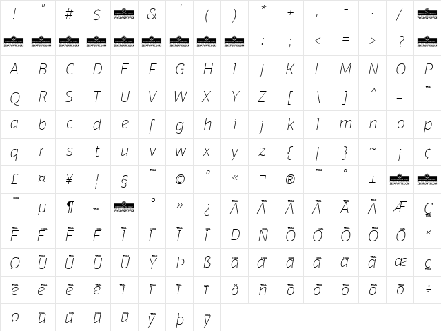 Domotika Trial Thin Italic  glyph index
