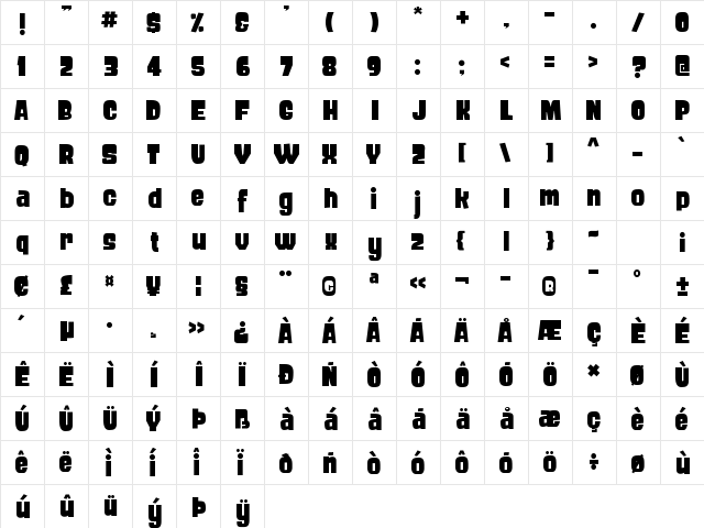 FROS BOLD Regular  glyph index