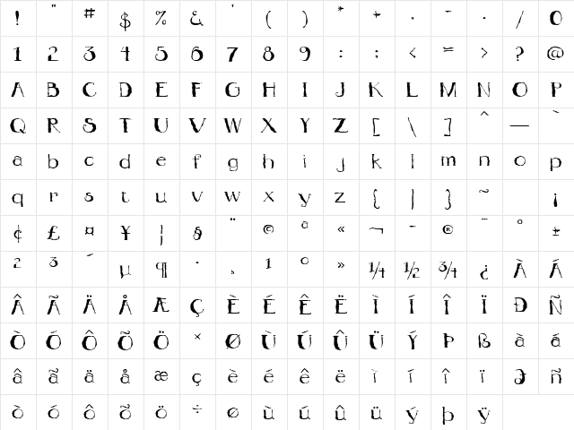 Jitterbug ICG Regular  glyph index