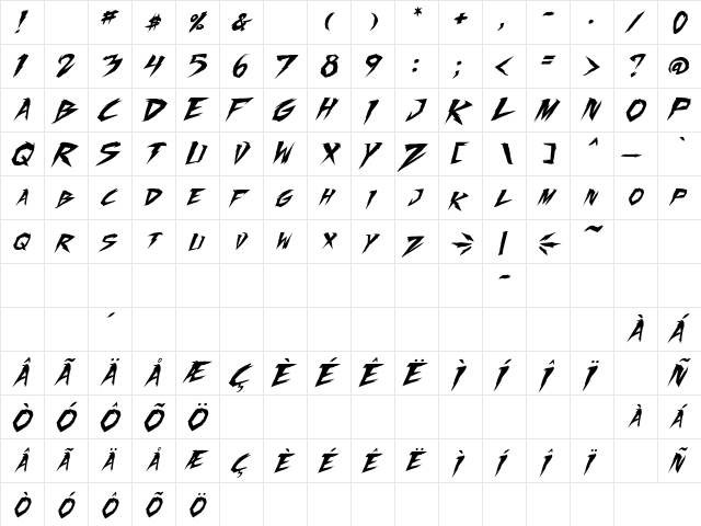 Fighting Spirit turbo Italic  glyph index