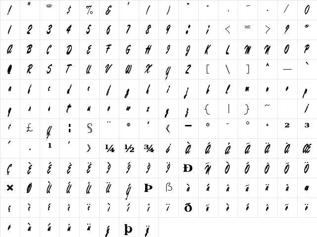 LightingRod60 Bold  glyph index