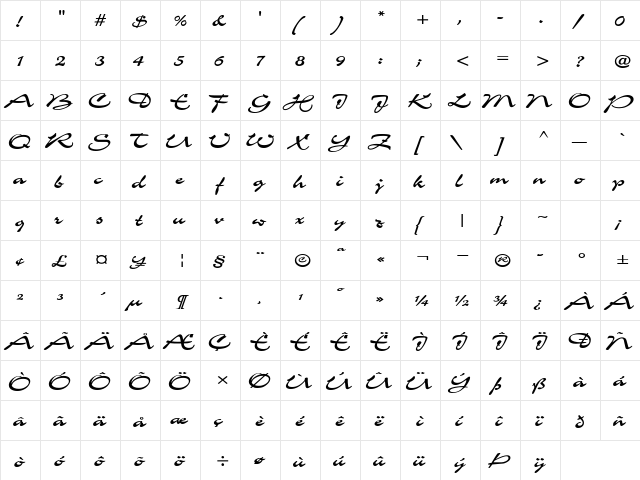 Scheherezade Bold  glyph index