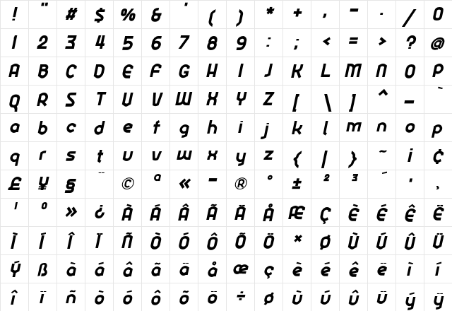 Ekela ExtraBold Italic  glyph index