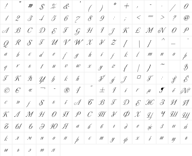 Decor Italic  glyph index