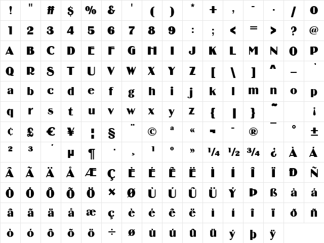 BirminghamSoft Regular  glyph index