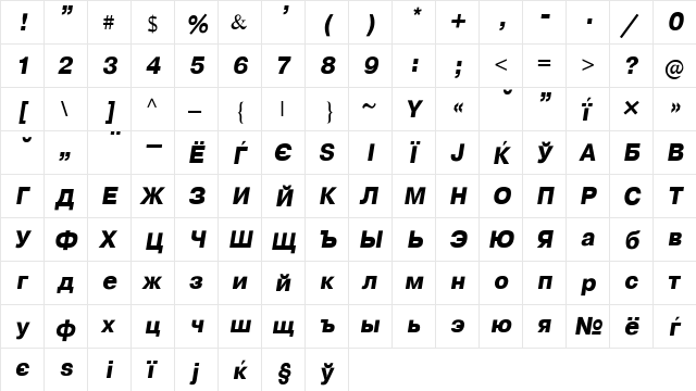 CyrillicHelv Bold Italic  glyph index