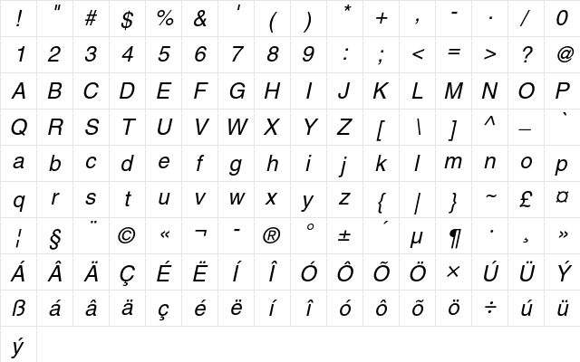 Helvetica CE Oblique  glyph index