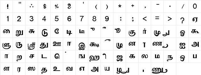 Valai-Sri Regular  glyph index