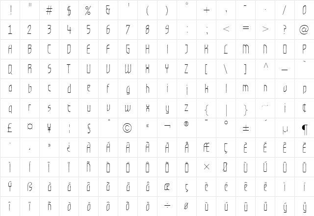 GrafiloneLLLight Medium  glyph index