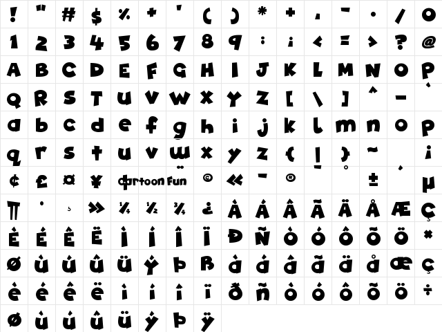Cartoon Fun Regular  glyph index